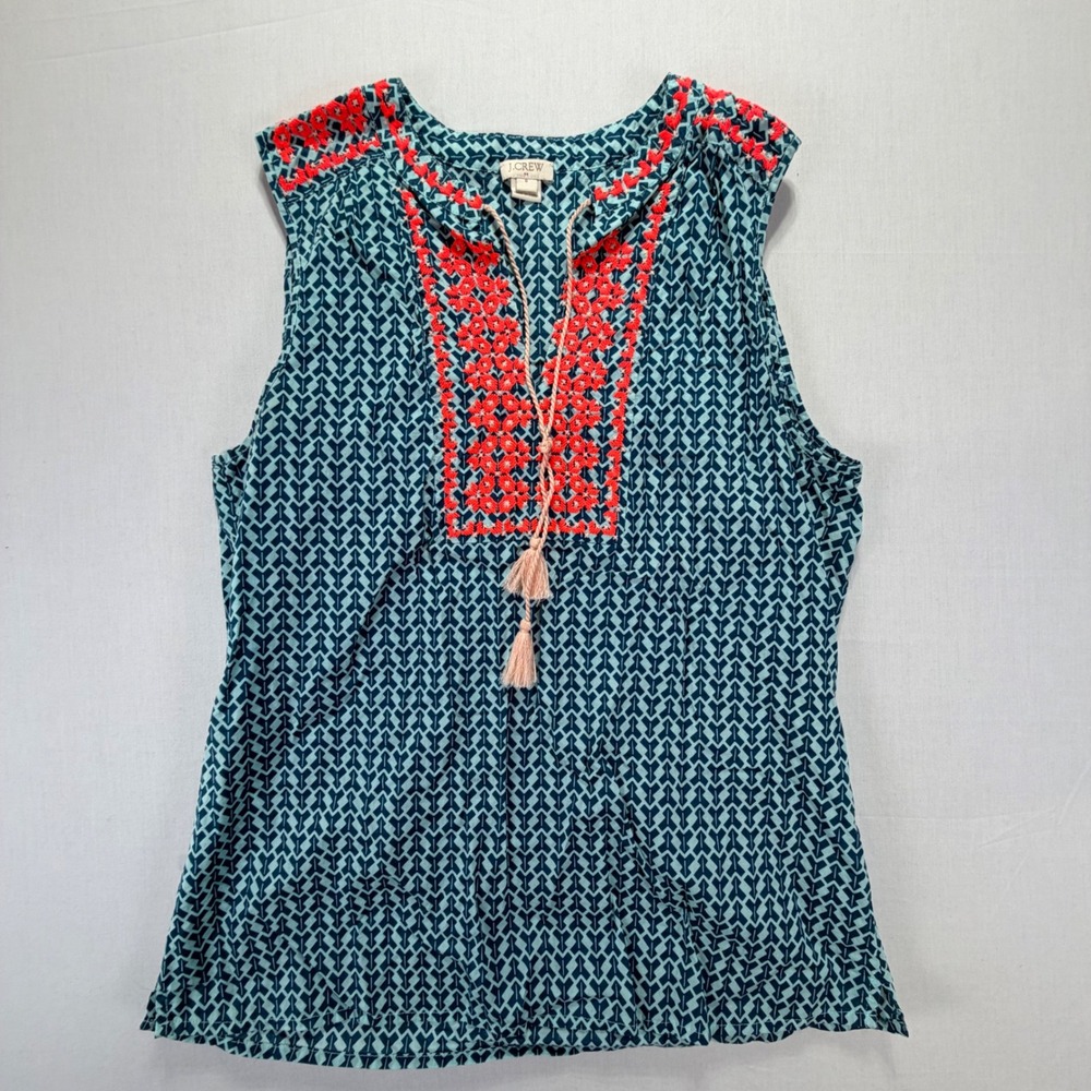 J. Crew Turquoise Navy Geometric Embroidered Tassel Neck Sleeveless Top Size 6‎